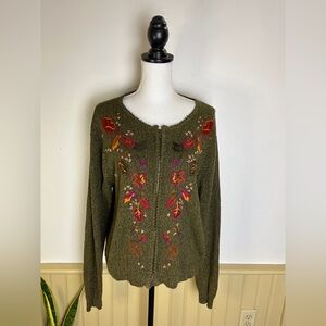 VTG Erika & Co Embroidered Cardigan Sweater XL Fall Leaves Cottage Grannycore